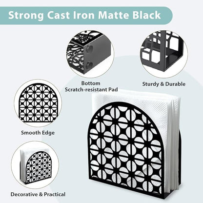 Modern Geometric Round Decorative Black Metal Napkin Holder for Table, 4.9" x 4.9" x 1.9" Standing Napkin Holder for Home Kitchen Restaurant Picnic Party Coffee Bar Dining Room