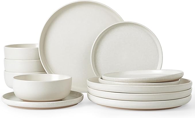 Famiware Milkyway 12-Piece Stoneware Dinnerware Set, Matte Beige White | Plates by Famiware