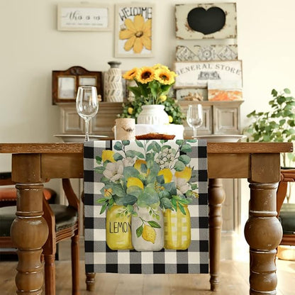 Black Buffalo Check Summer Table Runner 13 x 36 Inch, Lemon Vase Spring - Image 2