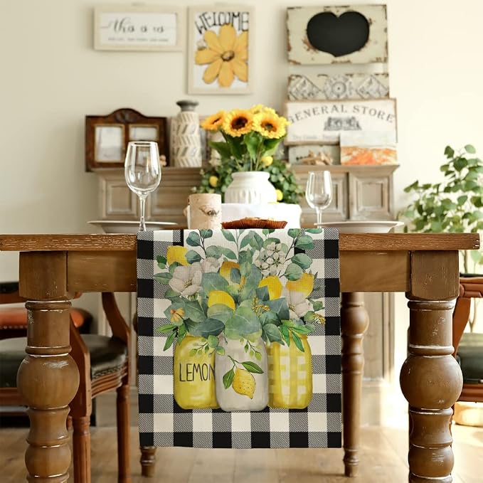 Black Buffalo Check Summer Table Runner 13 x 108 Inch, Lemon Vase Spring - Image 2