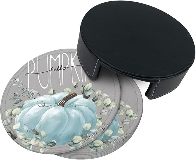 6 Pcs Fall Blue Pumpkin Eucalyptus Leaves Grey Leather Coasters - Image 5