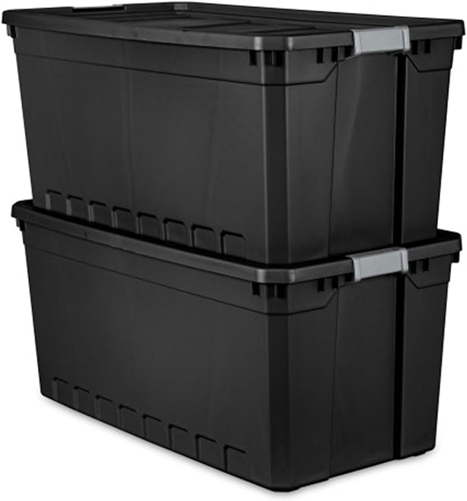 Sterilite 9-Pack Plastic Storage Bins with Lids, Stackable Containers, 50 Gallon, Black