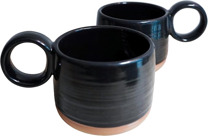 Bossa Stoneware Ceramic Cappuccino Cup 8oz Black Set of 2 | Handcrafted - Image 2