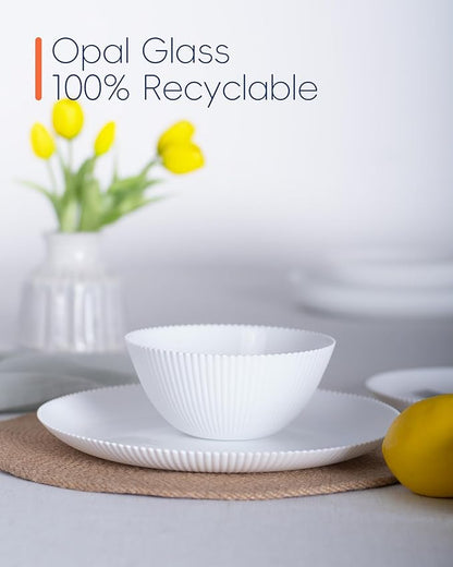 Dinnerware Sets for 4, 12 Pieces Opal Glass Plates and Bowls Set, Dishwasher and Microwave Safe Ribbed Dish Dinning Ware, Chip and Scratch Resistant Dishware, White