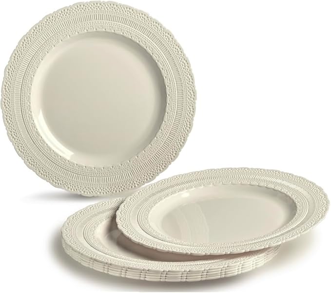 " OCCASIONS " 200pcs set (25 Guests)-Extra Heavyweight Vintage Wedding Disposable/Reusable Plastic Plates 25 x 11'' + 25 x 8.25''+Silverware+Cups+Napkins (Chateau Collection Ivory)