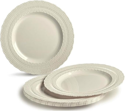 " OCCASIONS " 200pcs set (25 Guests)-Extra Heavyweight Vintage Wedding Disposable/Reusable Plastic Plates 25 x 11'' + 25 x 8.25''+Silverware+Cups+Napkins (Chateau Collection Ivory)