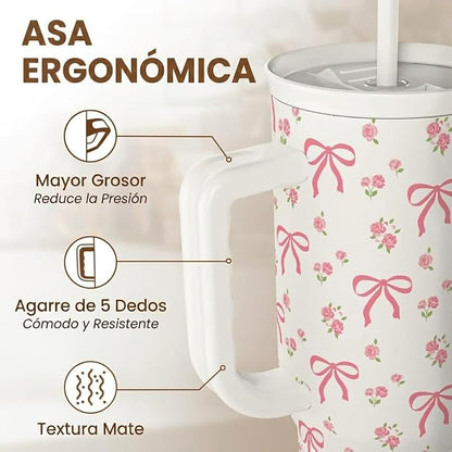 Bow Tumbler with Handle 40oz, Stainless Steel Insulated Tumblers Coffee Travel - Image 4