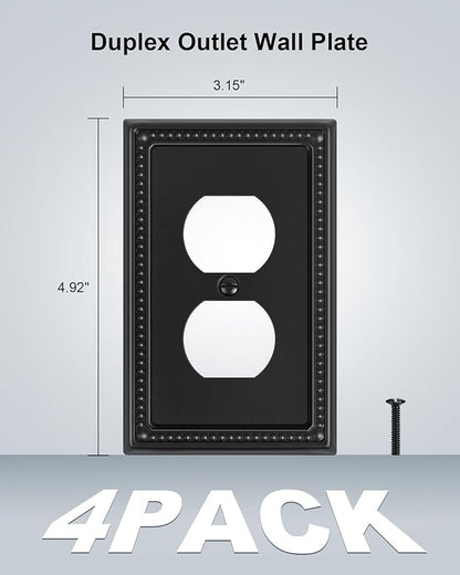 4-Pack Duplex Outlet Cover, Black Metal Wall Plates for Electrical Outlets, 1 Gang Receptacle Light Switch Cover, Pearls Beaded Decorative Switch Plates and Outlet Covers
