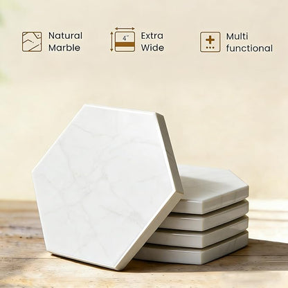 Natural Marble Coasters, Hexagonal Costers, Luxury Aesthetic Modern Decor for Coffee Table Bar Kitchen Home, White Marble, Real Natural Semi Absorbent Stone Coasters