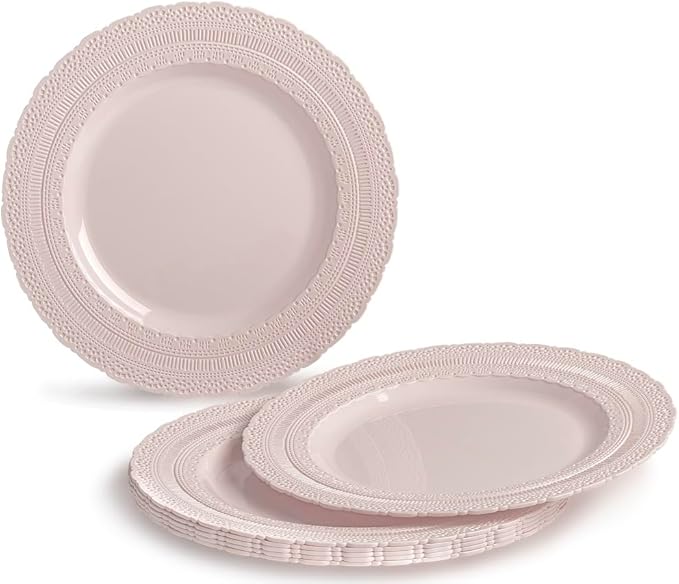 " OCCASIONS " 120 Plates Pack,(60 Guests) Extra Heavyweight Vintage Wedding Disposable/Reusable Plastic Plates 60x11'' Dinner+60 x 8.25'' Salad/Dessert Plate (Chateau Blush Pink)