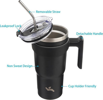 Konokyo 20 oz Tumbler with Handle and Straw, Insulated Travel Mug | Black; - Image 2