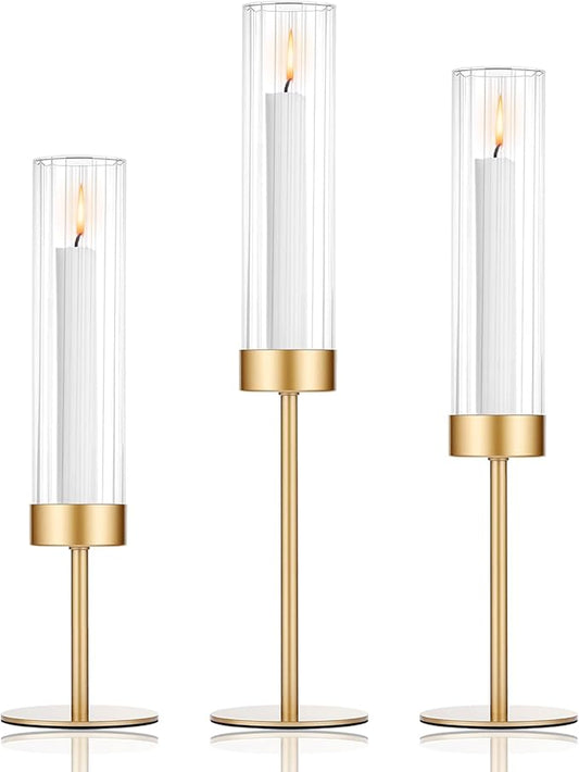 Tall Candle Holders Set of 3, Hurricane Glass Taper Candlestick Holders for Wedding, Christmas Decor, Dining Table, Party Centerpieces