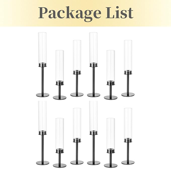 Hewory Black Candlestick Holders Hurricane Candle Holder, 12Pcs Candle Stick Candle Holder Candelabra, Taper Candle Holders with Glass Candle Cover for Wedding Table Centerpiece Christmas Decor