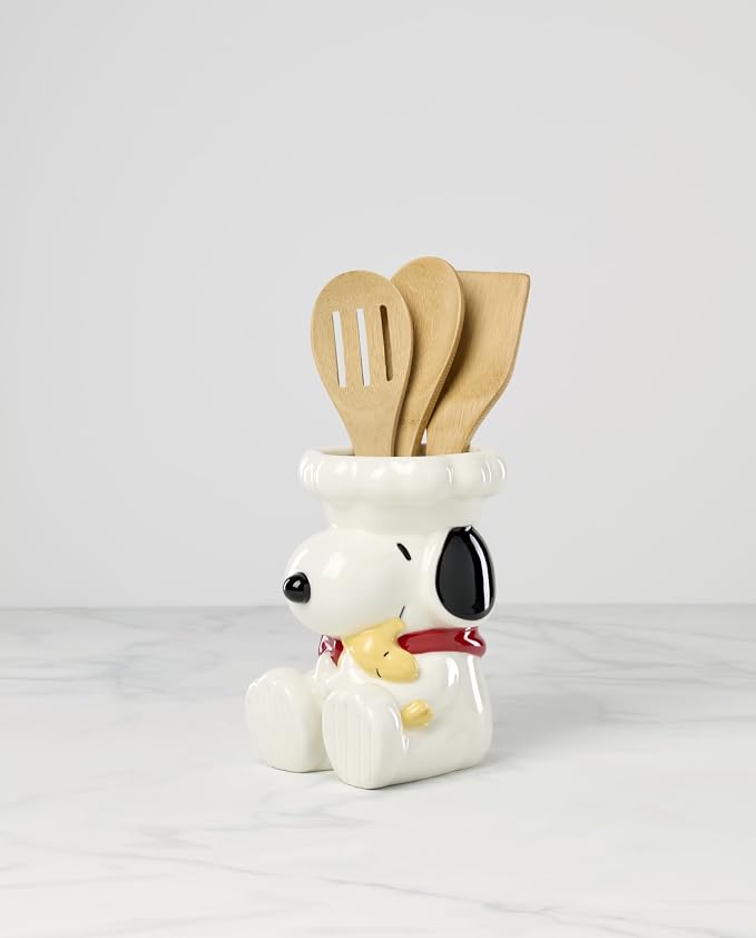 Lenox Chef Snoopy Porcelain Utensil Crock, 4-Piece | Includes 3 wooden utensils - Image 3