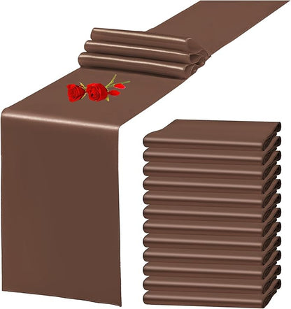 12 Pack Brown Satin Table Runner 12 x 108 Inch Long Premium Table Runners by YMHPRIDE