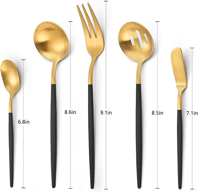 VANVRO Matte Black Gold Serving Silverware Set, 5-Piece Round Shared Utensils - Image 2