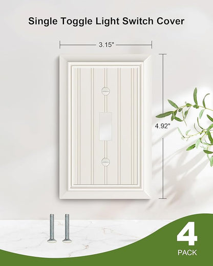 4-Pack Classic Beadboard Single Toggle Light Switch Cover Plate, Durable Natural Bamboo Fiber Decorative Switch Plate Covers, Light Almond 1 Gang Wall Plate