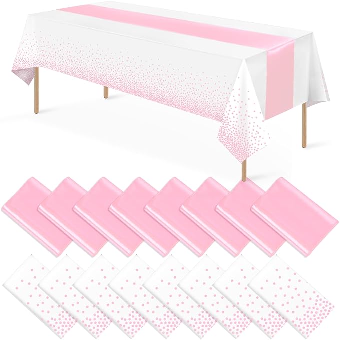 16Pack Disposable Plastic Tablecloths and Satin Table Runner Set White and Pink by MASHAN