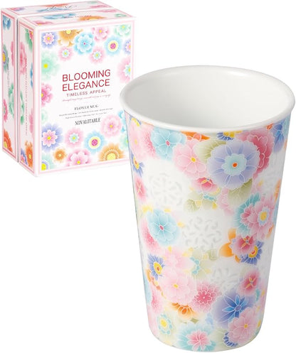 13.5 oz Floral Ceramic Tea Cup without Handle, Translucent Rice Grain Porcelain - Image 3