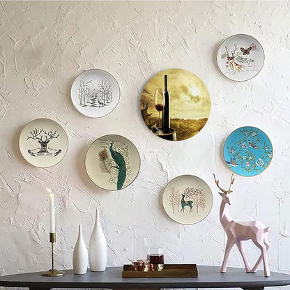 Decorative Plates, Wine Print Ornament, Red Wine Bottle and Glass on Wooden Barrel, 8 Inch, 1 Plate with 1 Display Stand, Light Coffee Green Black