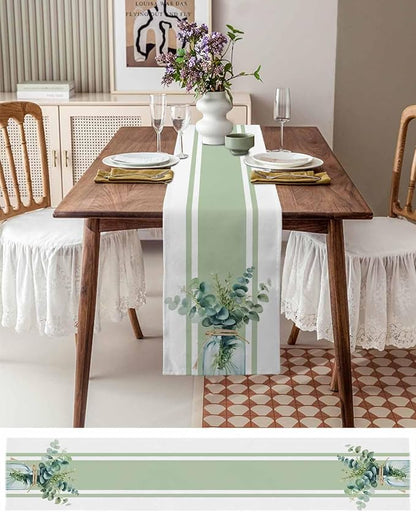 Sage Green Eucalyptus Leaves Table Runners 120 Inches Long, Farmhouse Stripe - Image 6