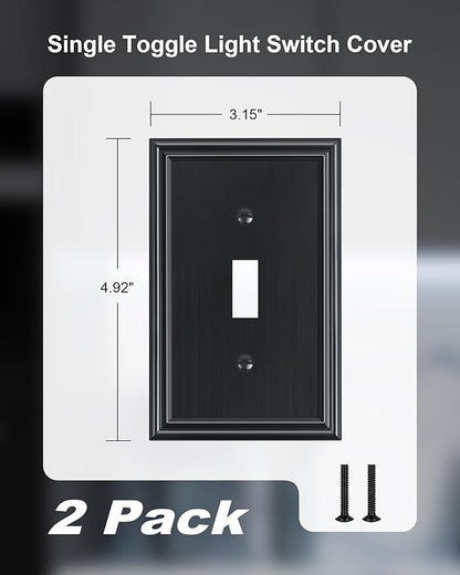 2-Pack Single Toggle Light Switch Cover Plate, Durable Solid Zinc Alloy Decorative Switch Plate Covers, Black 1 Gang Wall Plate, Corrosion Resistant