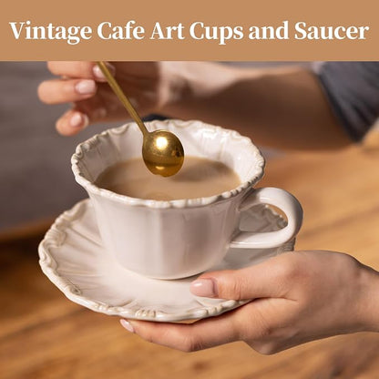 Ceramic Latte Cup with Saucer, 12 OZ Cappuccino Cup Vintage Cafe Art Cups - Image 5