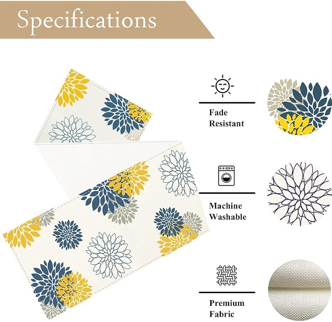 Blue Yellow Gray Table Runner Dahlia Pinnata Flower Beige Table Runners Modern - Image 4