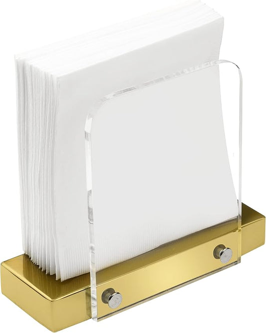 Modern Napkin Holder for Kitchen, Standing Napkin Holder for Tables, Clear Acrylic and Gold Steel Base Kitchen & Dining Room Decor