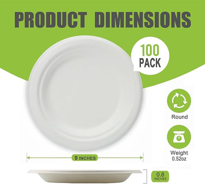 Disposable Plates 100% Compostable Heavy Duty - 9 Inch paper plates bulk for Party, Dinner, Cake, Dessert, Snacks Eco-Friendly White