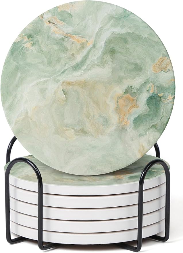 Set of 6 Sage Green Marble Coasters by Hoomey