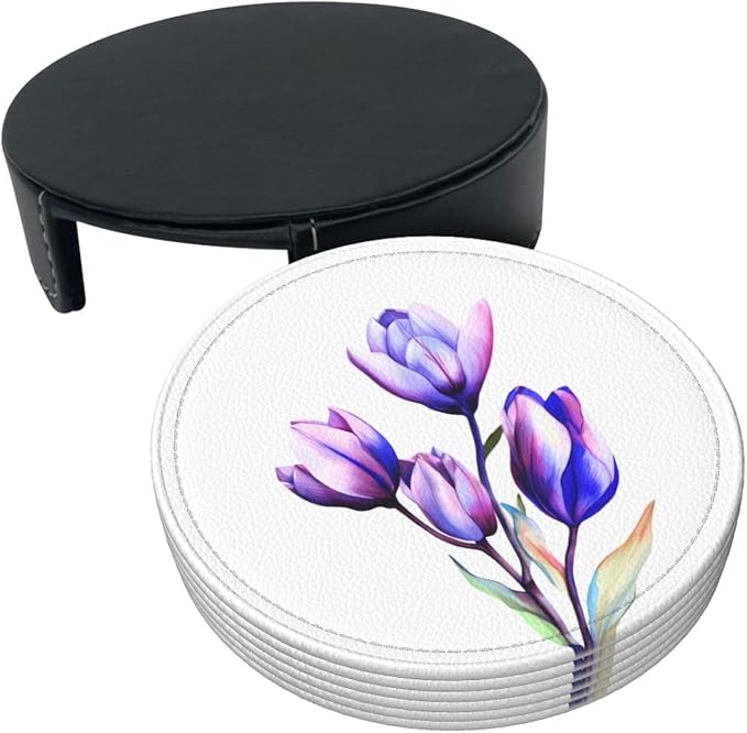 Purple Flower Tulip Leather Coasters Set of 6 - Image 8