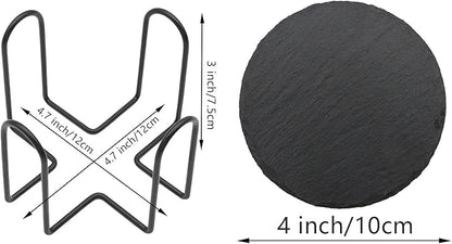12 Pack Slate Drink Coasters with Metal Holder, VIBRATITE 4 Inch Black Slate Stone Coasters Bulk Laser Engraving Blanks with Anti-Scratch Bottom for Drink Coffee Bar Kitchen Home Decor, Round