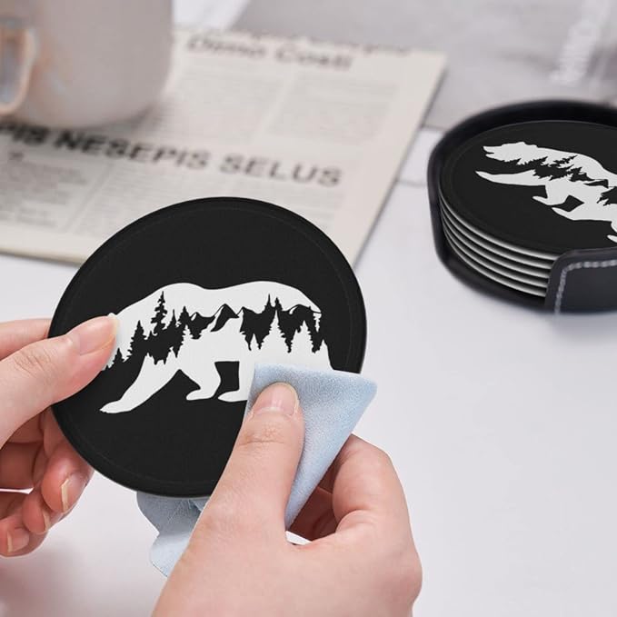 6 Pcs Hiking Bear Mountains Camper Leather Coasters - Image 6