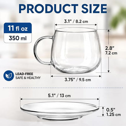 Tosnail 4 Pack Glass Cups and Saucers Set, 11 oz | High Borosilicate Glass Cup - Image 2