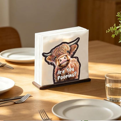 Cute Wooden Napkin Holder Highland Cow Design Farmhouse Cow Are You Pooping - Image 2