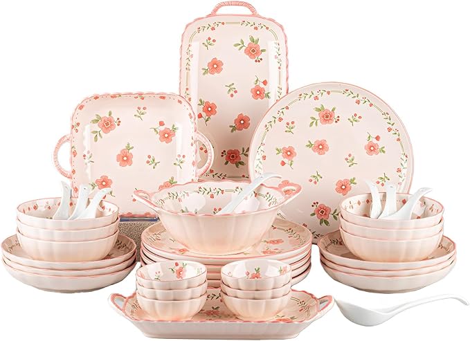 Ceramic Dinnerware Set, Floral Plates and Bowls Sets, Microwave & Dishwasher by FANGJING