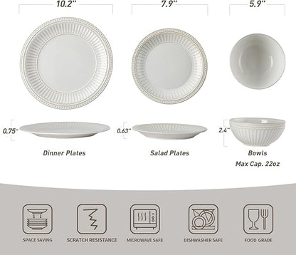 Famiware Garden Plates and Bowls Set, 24-Piece Dish Set for 8, Scratch Resistant Stoneware Dinnerware Set, Embossed Ceramic Tableware - Microwave and Dishwasher Safe, Reactive Glaze White