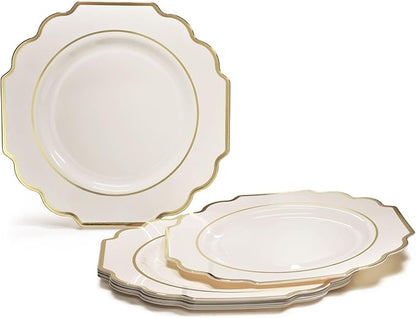 " OCCASIONS " 120 Plates Pack,(60 Guests) Heavyweight Wedding Party Disposable Plastic Plates Set -60 x 10.5'' Dinner + 60 x 8'' Salad/Dessert Plate (Imperial Ivory & Gold)