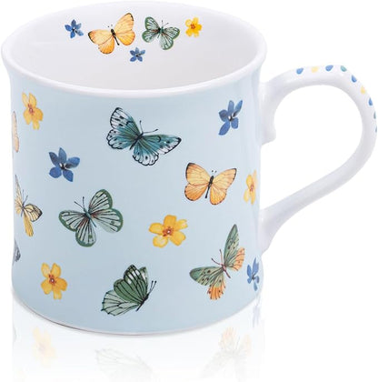 Colorful Butterfly & Floral Coffee Mug – 12 oz Premium New Bone China Blue Tea by MFoffice