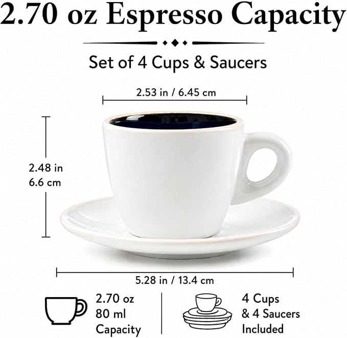 Bacimi® Espresso Cups and Saucers Set of 4 – 2.7oz Thick Barista Style - Image 4