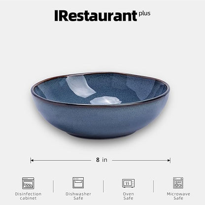 Organic Shape Highland Ceramic Soup/pasta Bowl, 24pcs 30oz Handmade Reactive Glaze Stoneware 8inch Bowls with Wavy Edge, for Kitchen, Microwave & Dishwasher Safe, Scratch Resistant-Blue