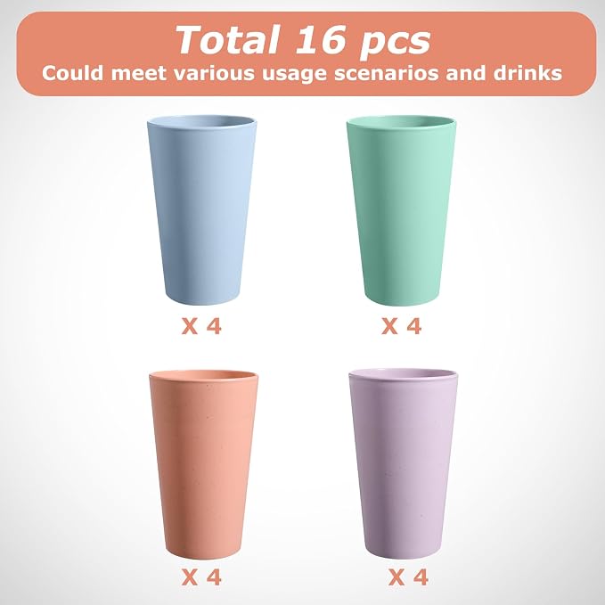 HEYCOME Set of 16 Wheat Straw Cups, Reusable Plastic Cups Sets, Water Glasses - Image 3