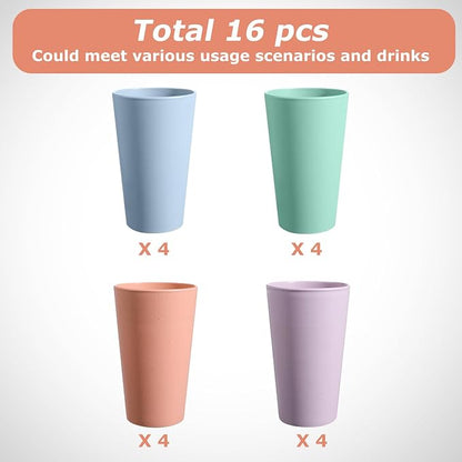 HEYCOME Set of 16 Wheat Straw Cups, Reusable Plastic Cups Sets, Water Glasses - Image 3