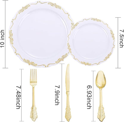 DaYammi 150Pcs White Gold Plastic Plates & Plastic Silverware, Gold Disposable Plates for Party Include 30 Dinner Plate, 30 Dessert Plate, 30 Knives, 30 Forks, 30 Spoons for Party Wedding