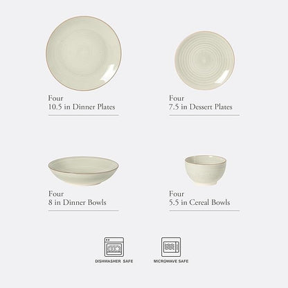 Gibson Home Stonebury 16 Piece Plates and Bowls Cream Grey Dishes - Handpainted Stoneware Dinnerware Set - Service for 4
