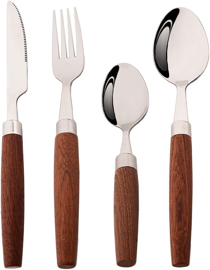 4-Piece Wooden Handle Silverware Set, BRIIEC 304 Stainless Steel Flatware Set by BRIIEC