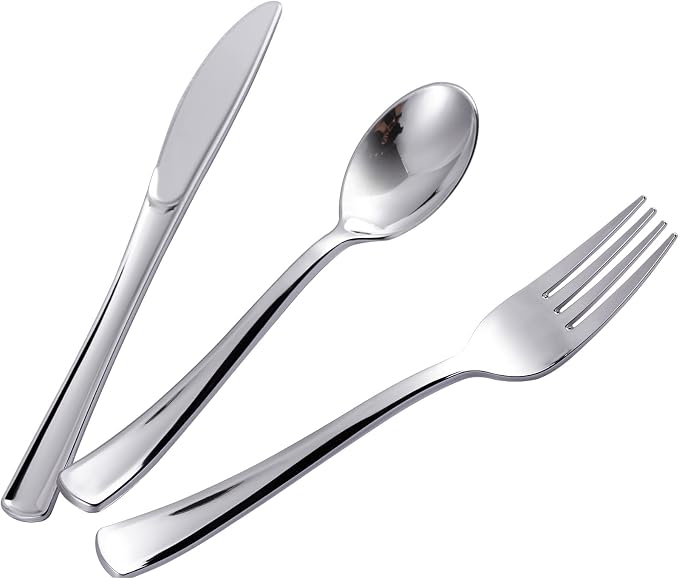 500PCS Silver Plastic Silverware, Disposable Utensils & Cutlery | 200 Forks by N9RTABLEWARE