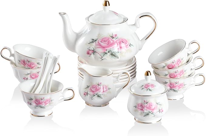 Sweejar Porcelain Tea Set Vintage Floral, British Relief Gold Rim Teapot Cup by Sweejarco1949