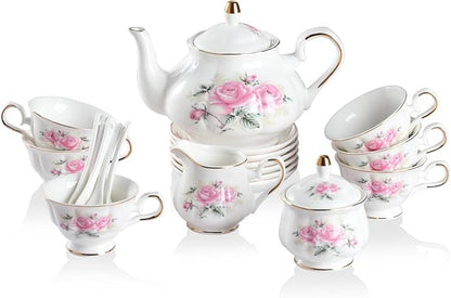 Sweejar Porcelain Tea Set Vintage Floral, British Relief Gold Rim Teapot Cup by Sweejarco1949
